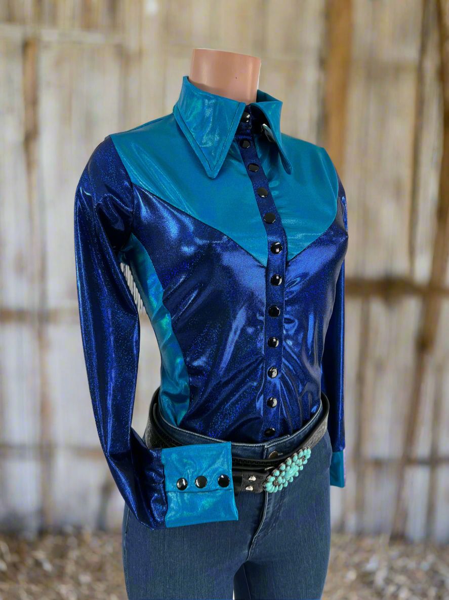 Sierra Blue Snap Front Rodeo Shirt with Yoke Fringe - Riverside Rodeo Shirts