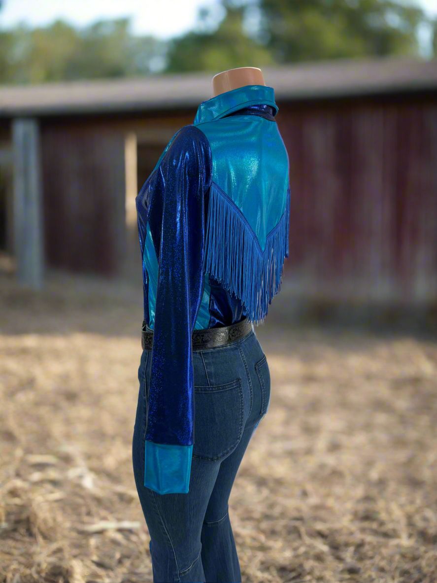Sierra Blue Snap Front Rodeo Shirt with Yoke Fringe - Riverside Rodeo Shirts