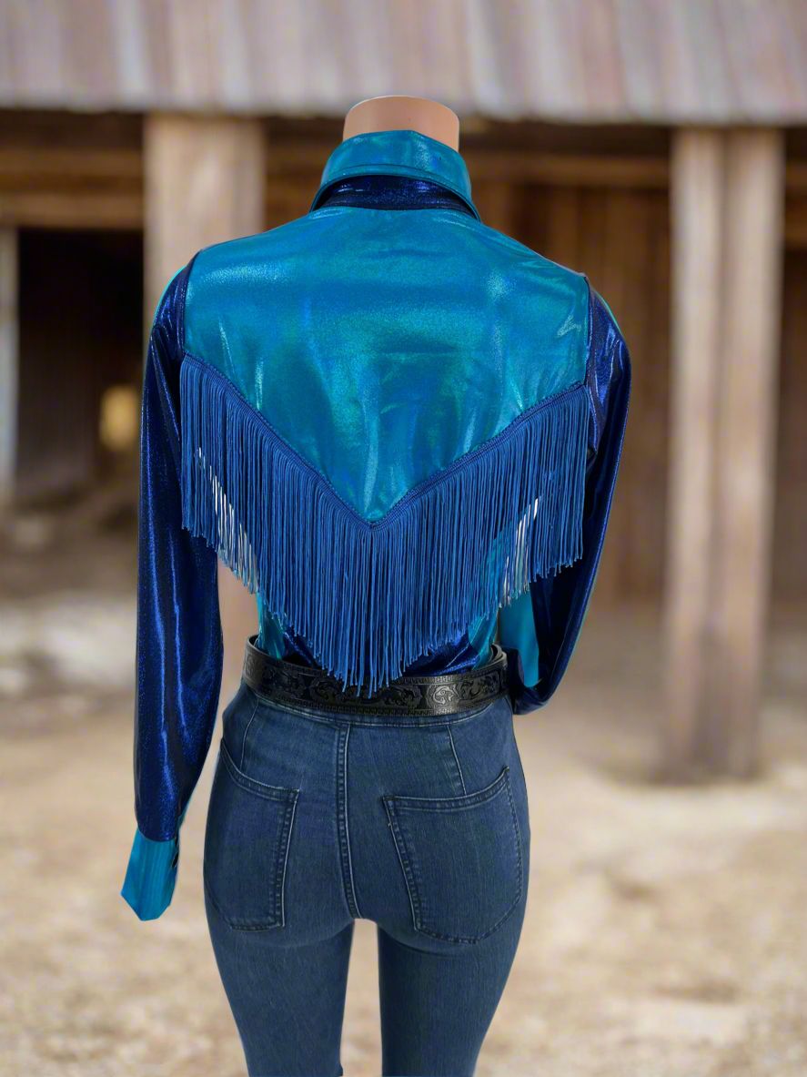 Sierra Blue Snap Front Rodeo Shirt with Yoke Fringe - Riverside Rodeo Shirts