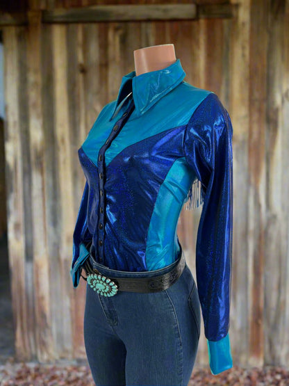 Sierra Blue Snap Front Rodeo Shirt with Yoke Fringe - Riverside Rodeo Shirts