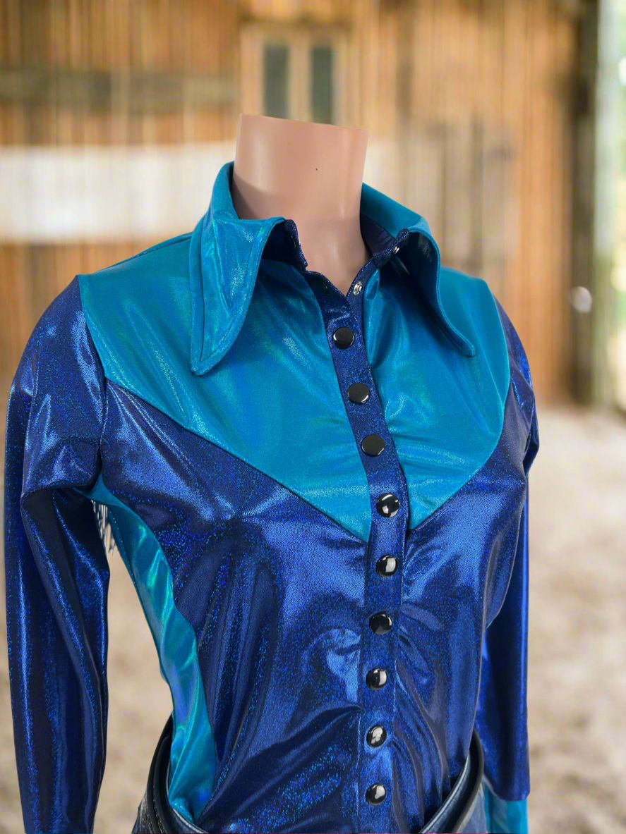 Sierra Blue Snap Front Rodeo Shirt with Yoke Fringe - Riverside Rodeo Shirts