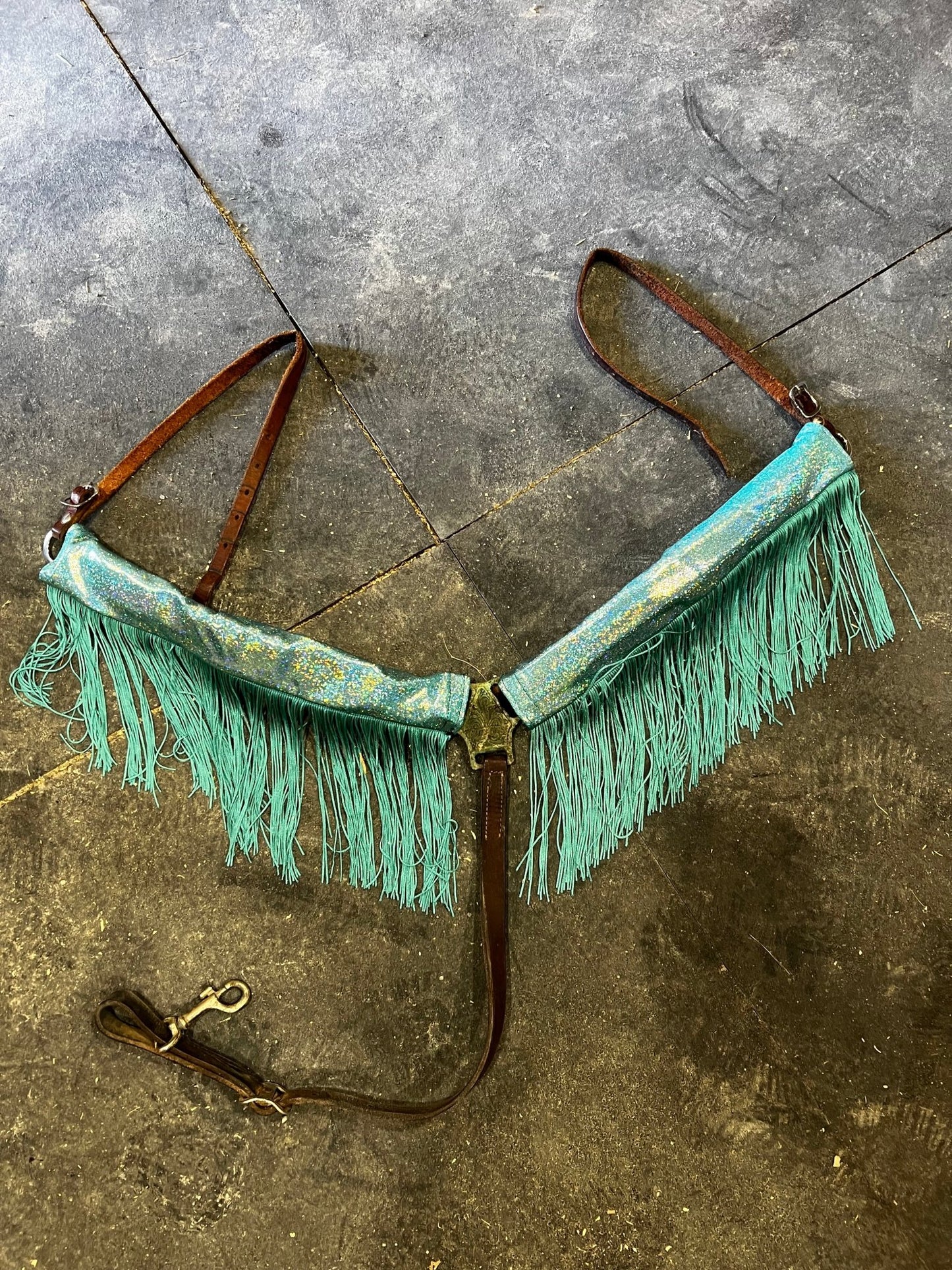 Seafoam Holographic Breast Collar Cover with Dusty Jade Chainette Fringe (Covers ONLY) - Riverside Rodeo Shirts