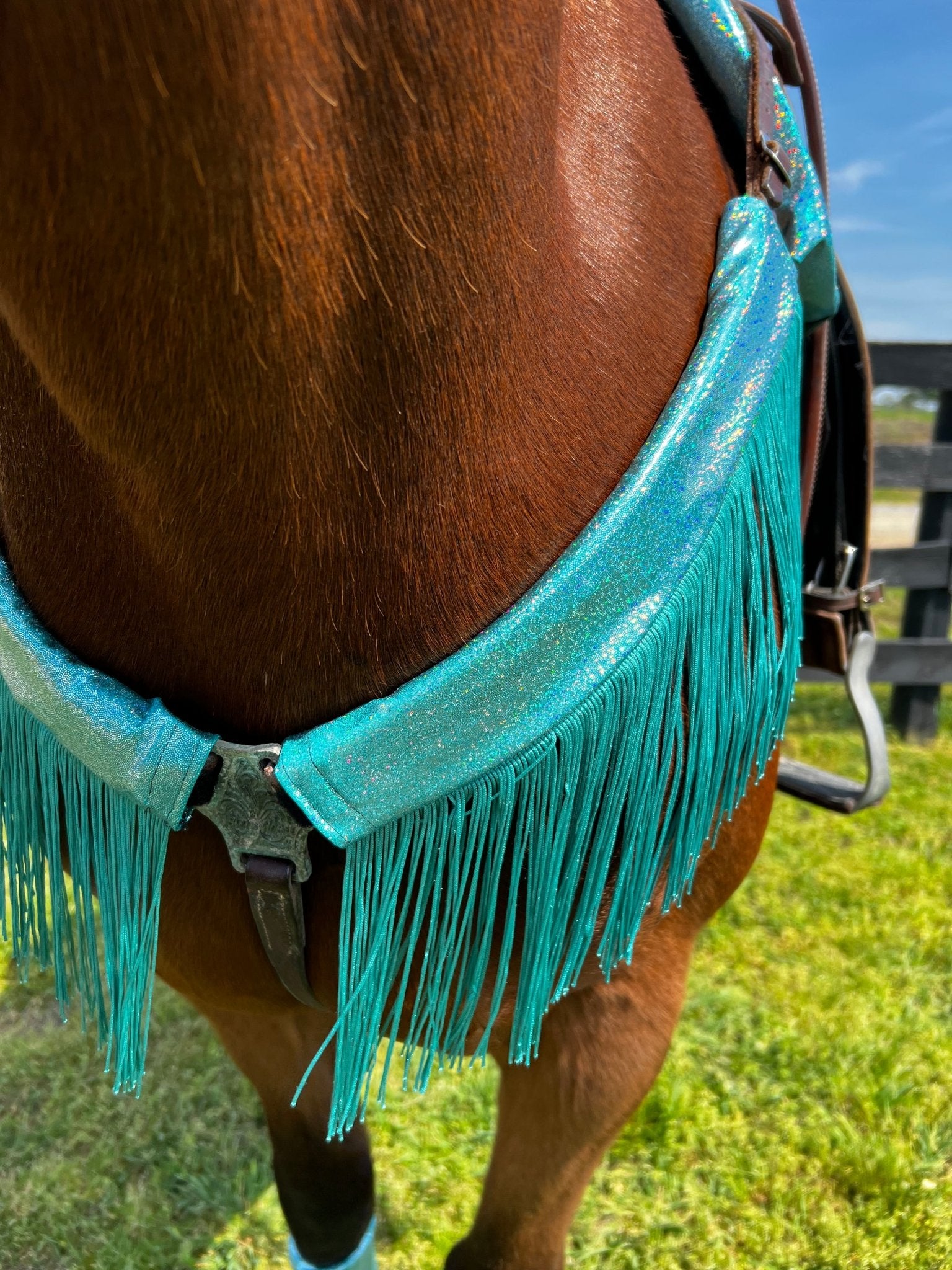 Seafoam Holographic Breast Collar Cover with Dusty Jade Chainette Fringe (Covers ONLY) - Riverside Rodeo Shirts