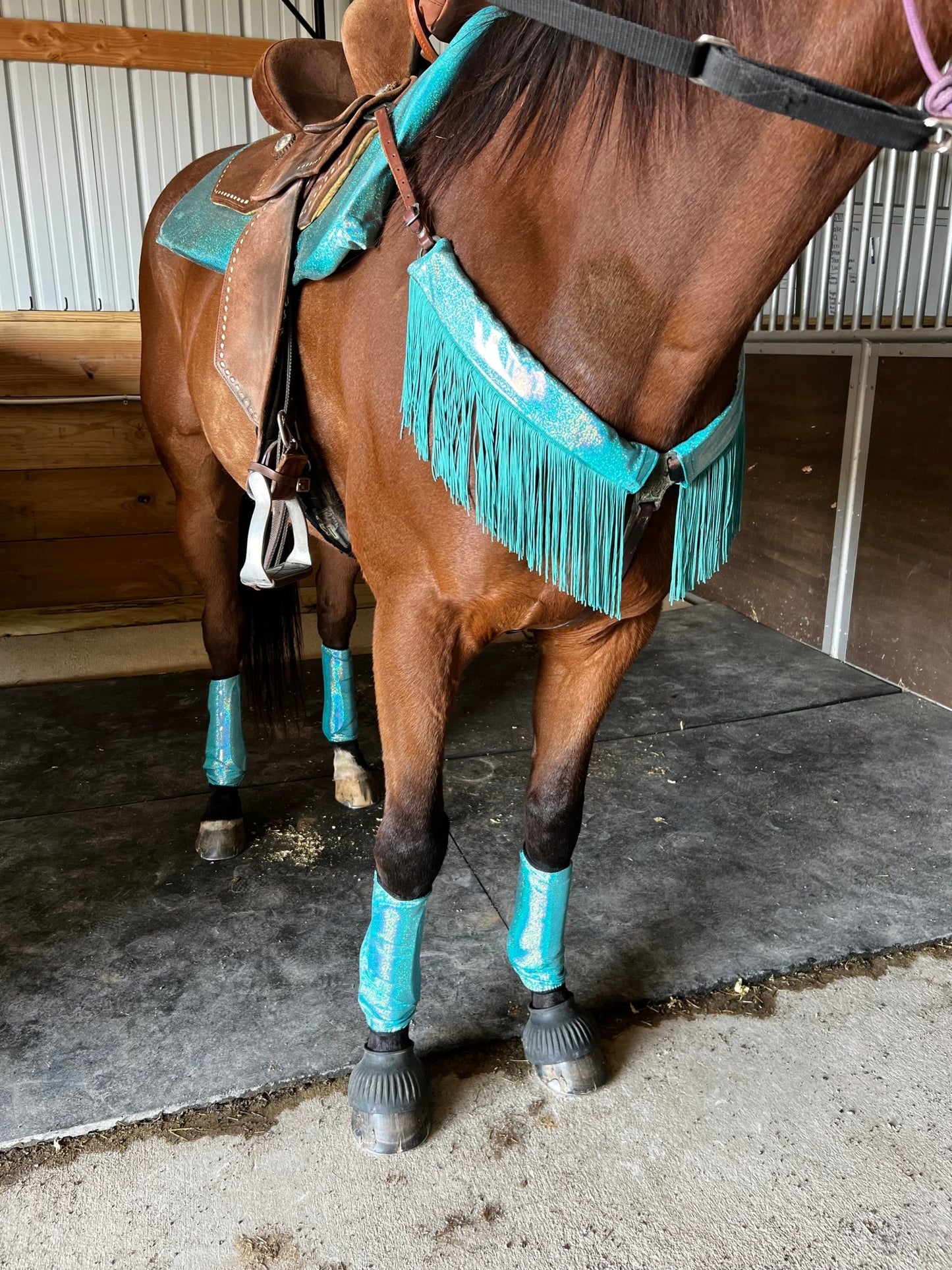 Seafoam Holographic Breast Collar Cover with Dusty Jade Chainette Fringe (Covers ONLY) - Riverside Rodeo Shirts