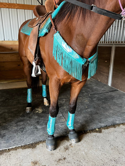 Seafoam Holographic Breast Collar Cover with Dusty Jade Chainette Fringe (Covers ONLY) - Riverside Rodeo Shirts
