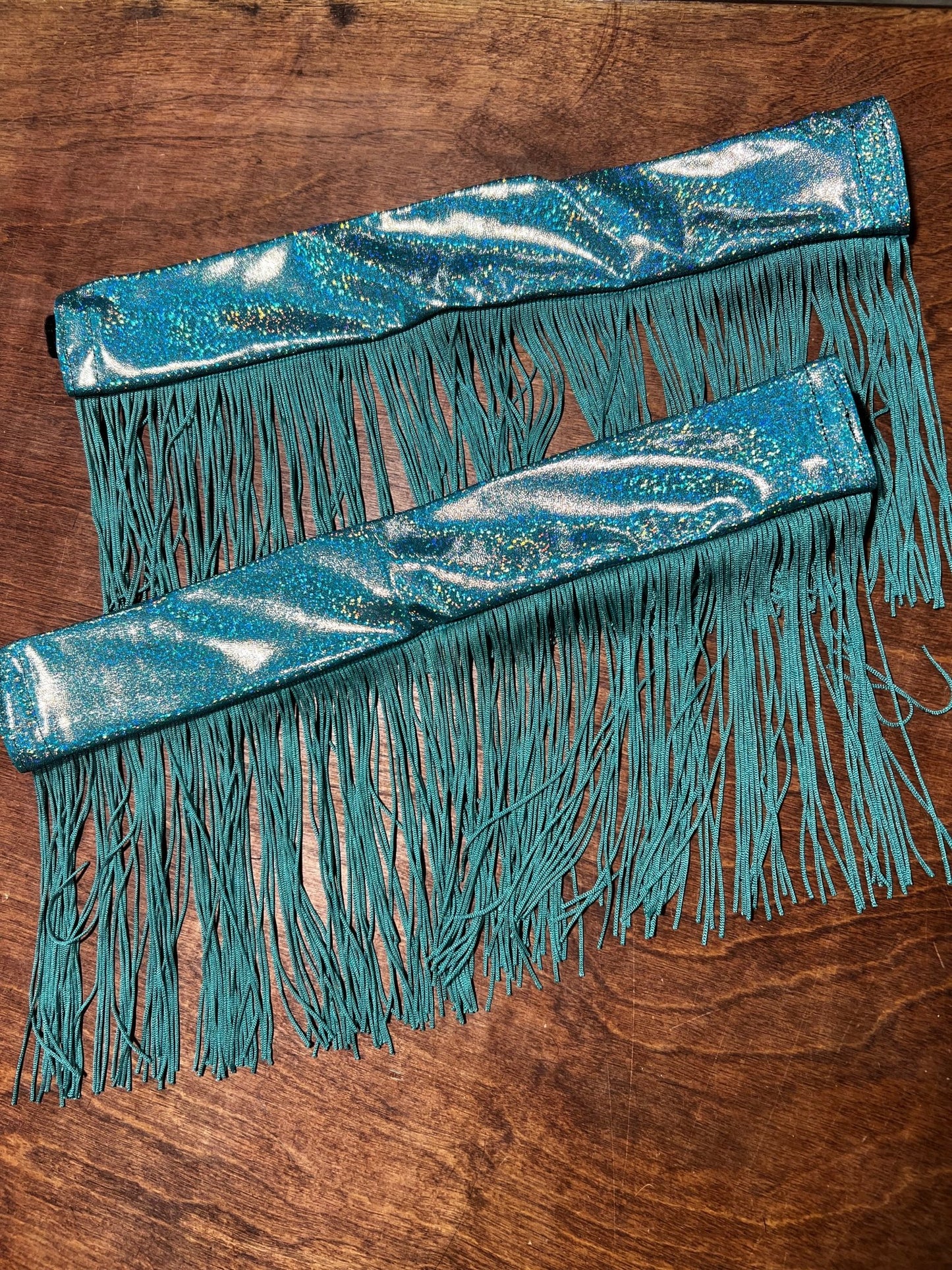 Seafoam Holographic Breast Collar Cover with Dusty Jade Chainette Fringe (Covers ONLY) - Riverside Rodeo Shirts
