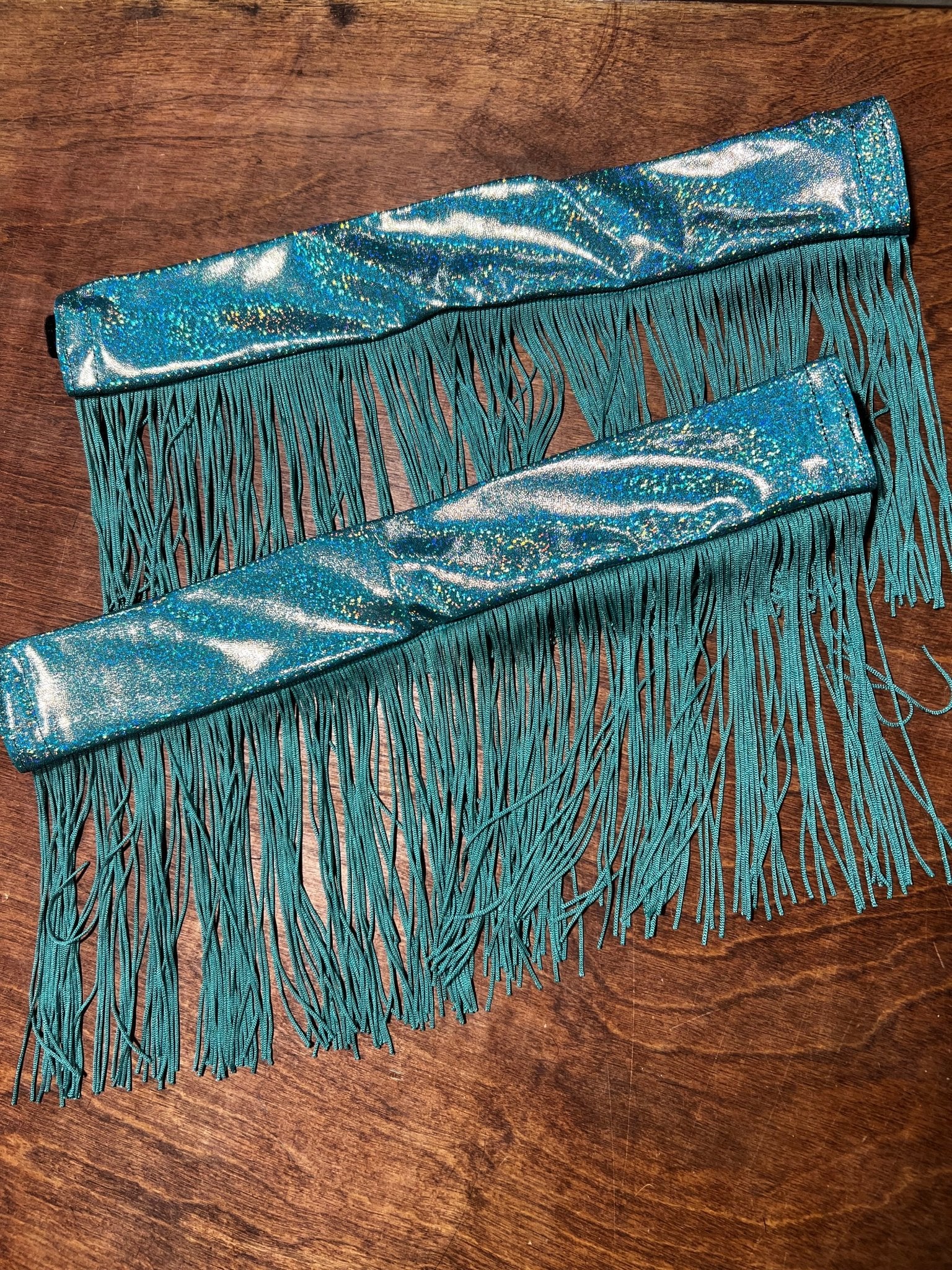 Seafoam Holographic Breast Collar Cover with Dusty Jade Chainette Fringe (Covers ONLY) - Riverside Rodeo Shirts
