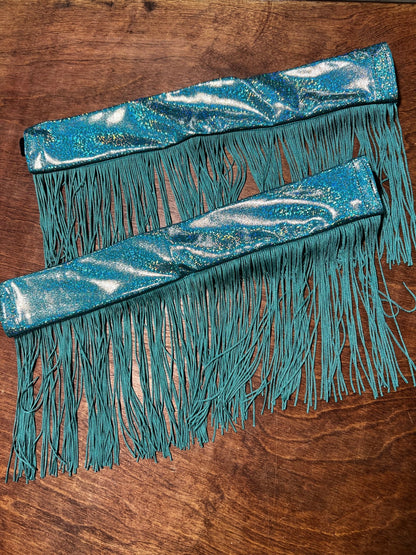 Seafoam Holographic Breast Collar Cover with Dusty Jade Chainette Fringe (Covers ONLY) - Riverside Rodeo Shirts