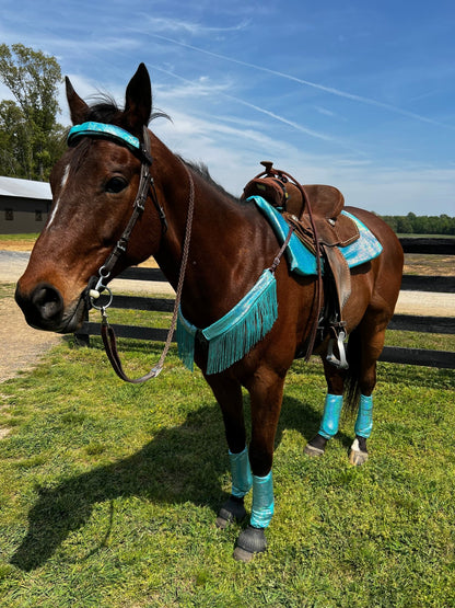 Seafoam Holographic Breast Collar Cover with Dusty Jade Chainette Fringe (Covers ONLY) - Riverside Rodeo Shirts