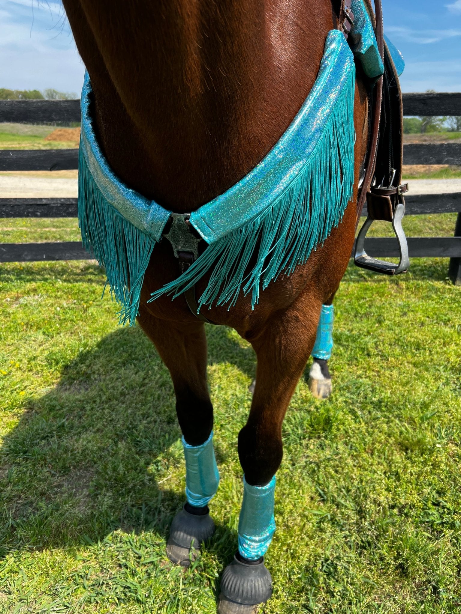 Seafoam Holographic Breast Collar Cover with Dusty Jade Chainette Fringe (Covers ONLY) - Riverside Rodeo Shirts