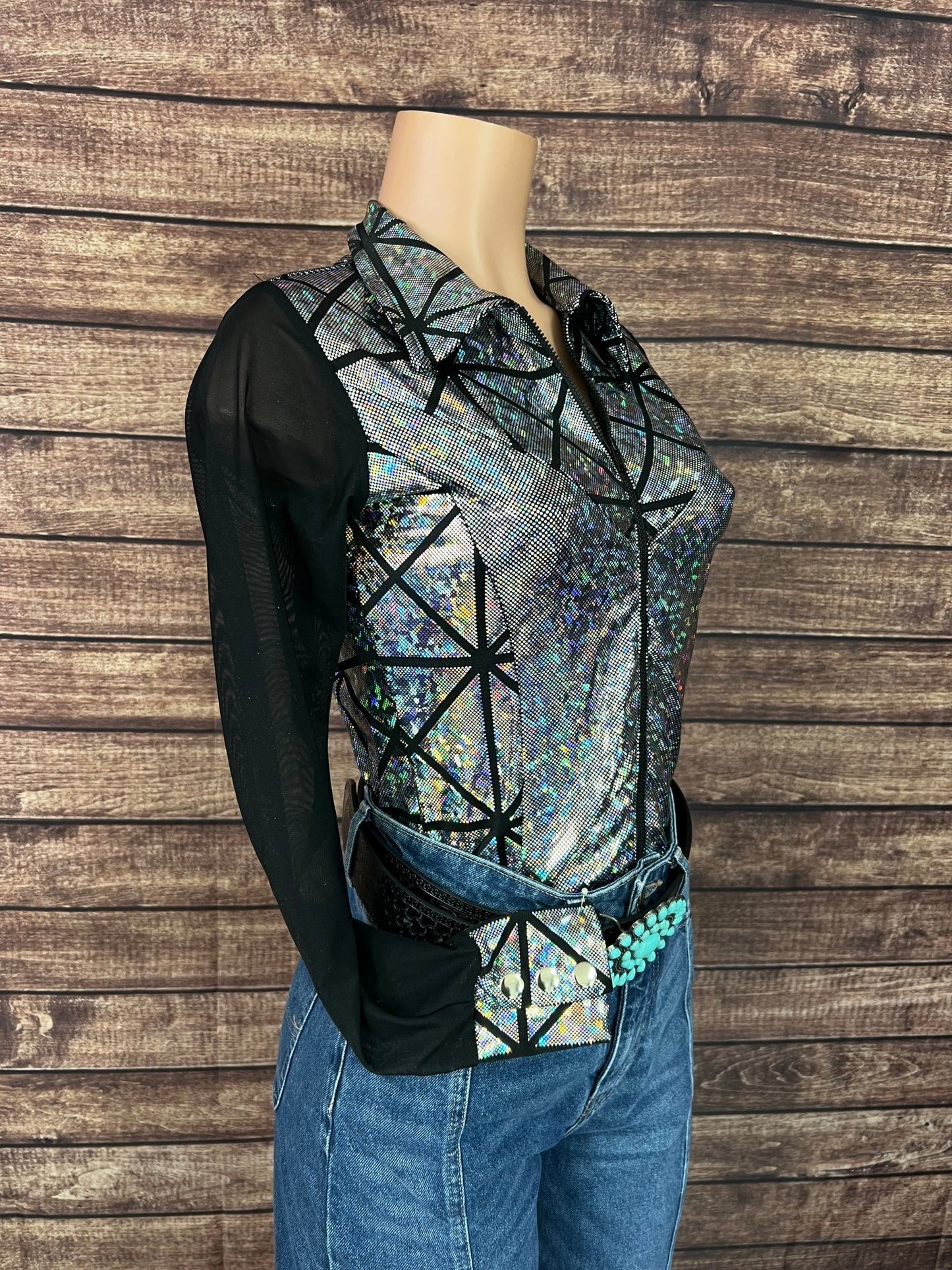 Silver Kaleidoscope Mesh Sleeve Rodeo Shirt - Riverside Rodeo Shirts