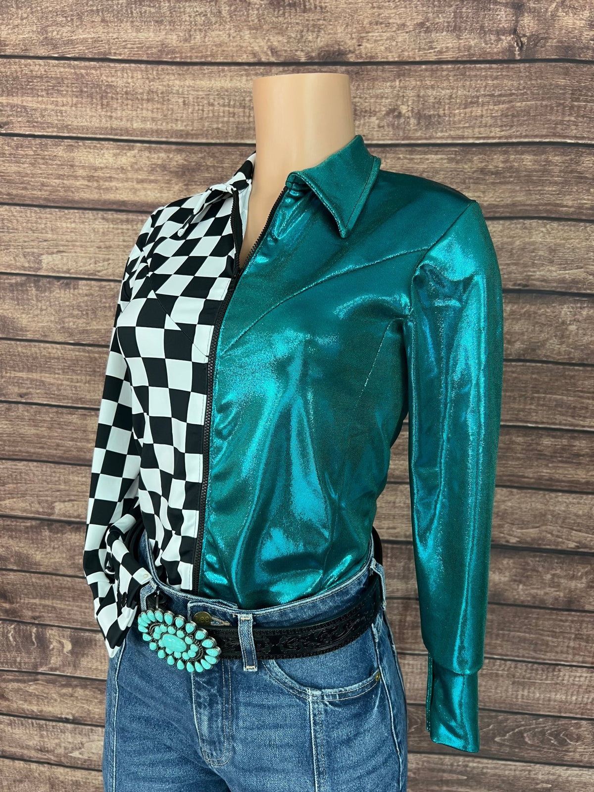 Split Second Rodeo Shirt in Teal and Checkered - Riverside Rodeo Shirts