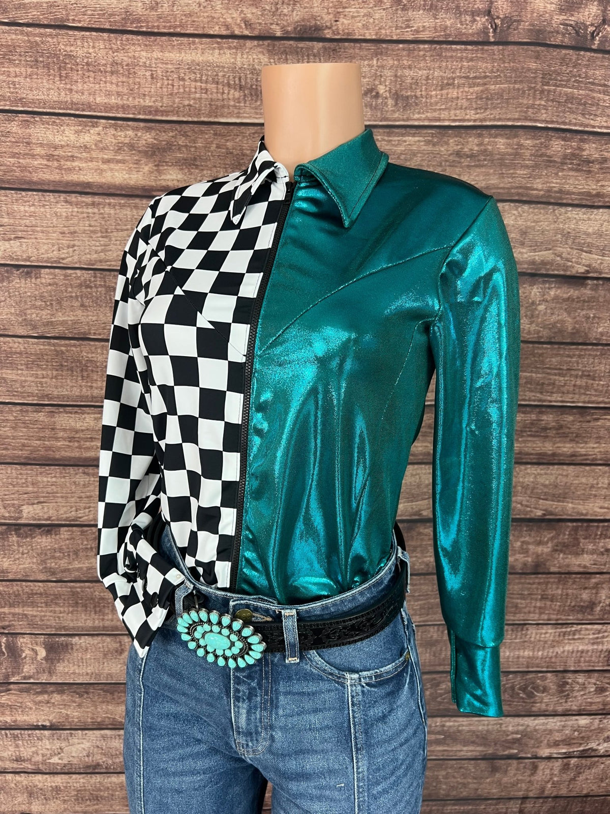 Split Second Rodeo Shirt in Teal and Checkered - Riverside Rodeo Shirts