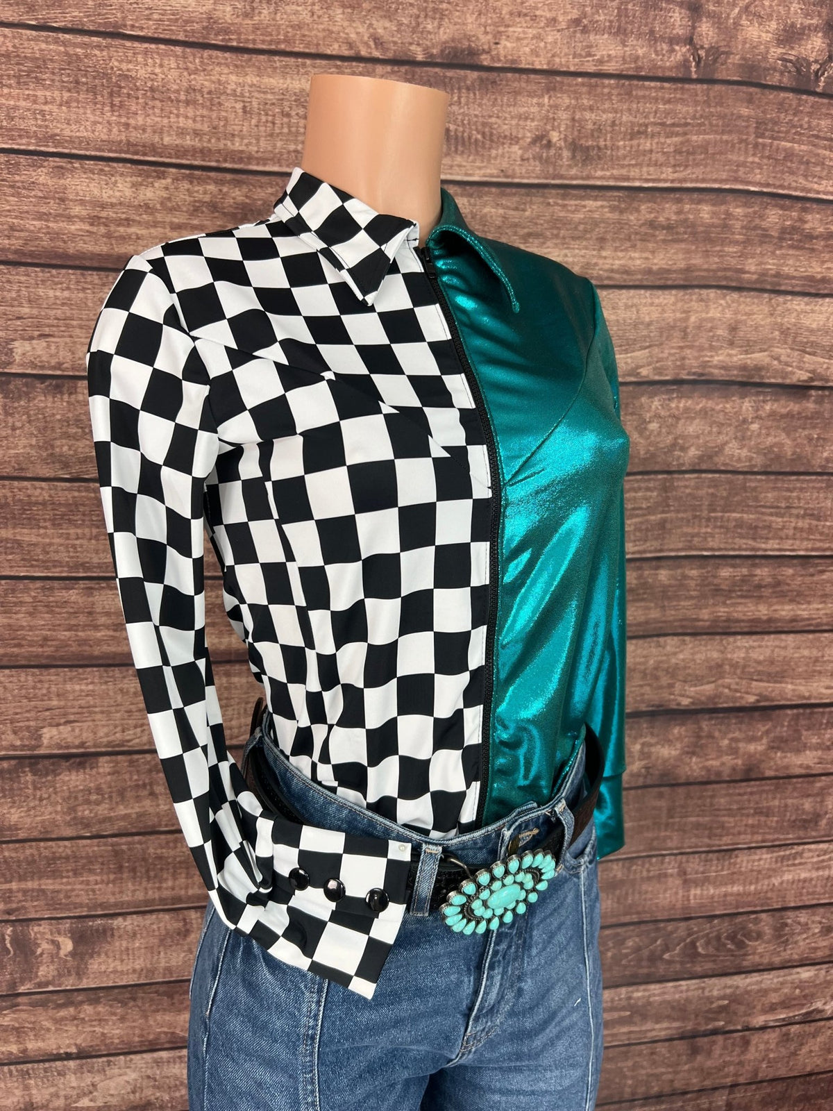 Split Second Rodeo Shirt in Teal and Checkered - Riverside Rodeo Shirts