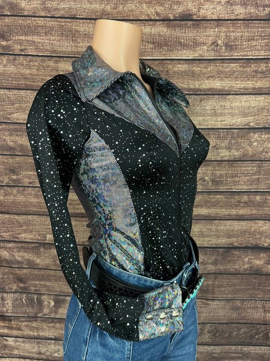 Star Noir and Silver Kaleidoscope Zipper Front Shirt - Riverside Rodeo Shirts