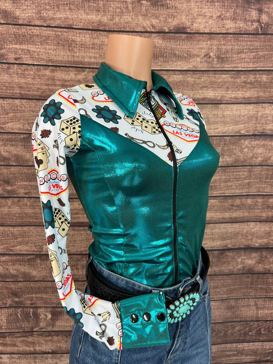 Teal & Vegas Print Zipper Front Rodeo Shirt with Snap Cuffs - Riverside Rodeo Shirts