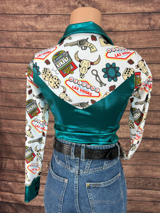 Teal & Vegas Print Zipper Front Rodeo Shirt with Snap Cuffs - Riverside Rodeo Shirts
