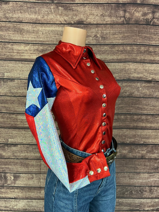 Texas Flag Sleeve, Snap Front Rodeo Shirt with Star Applique - Riverside Rodeo Shirts