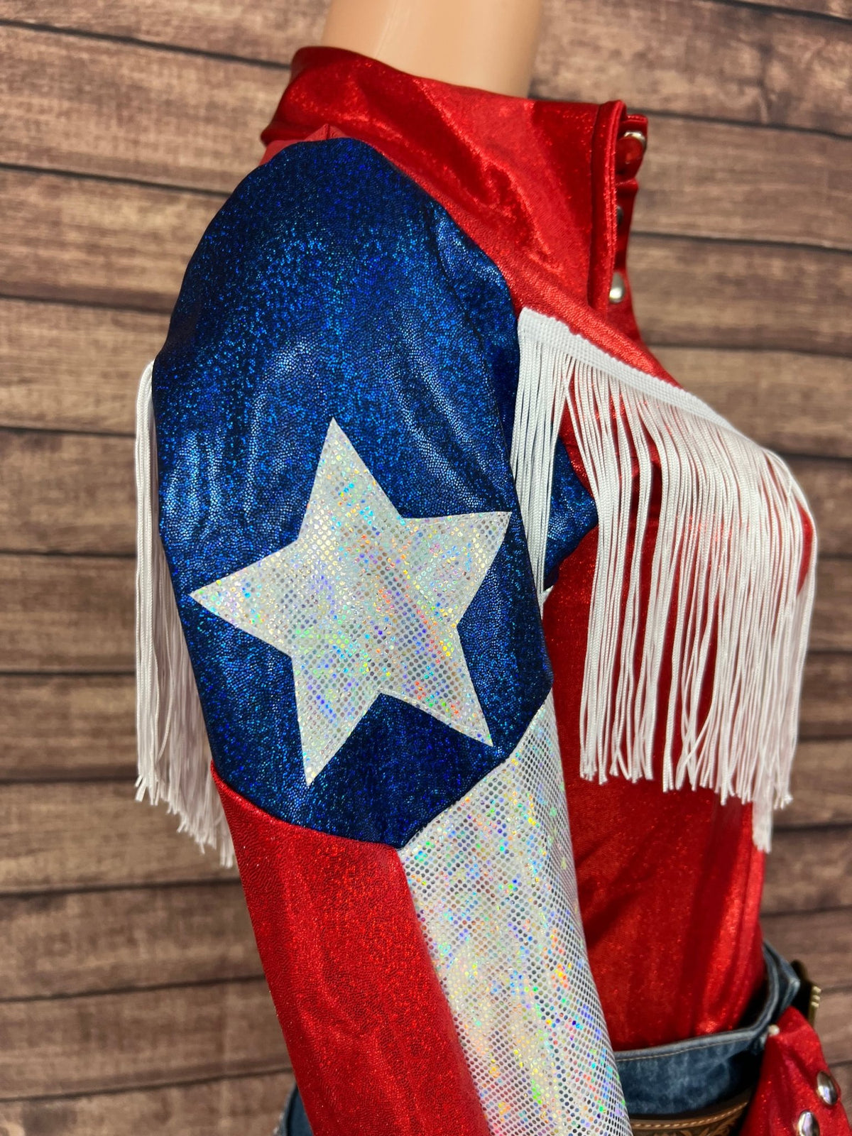 Texas Flag Sleeve, Snap Front Rodeo Shirt with Yoke Fringe - Riverside Rodeo Shirts