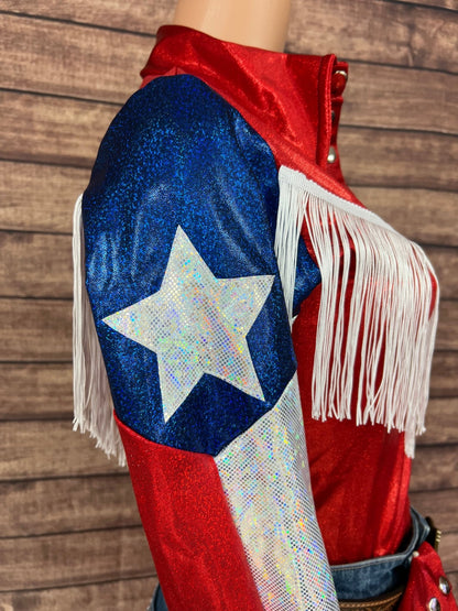 Texas Flag Sleeve, Snap Front Rodeo Shirt with Yoke Fringe - Riverside Rodeo Shirts