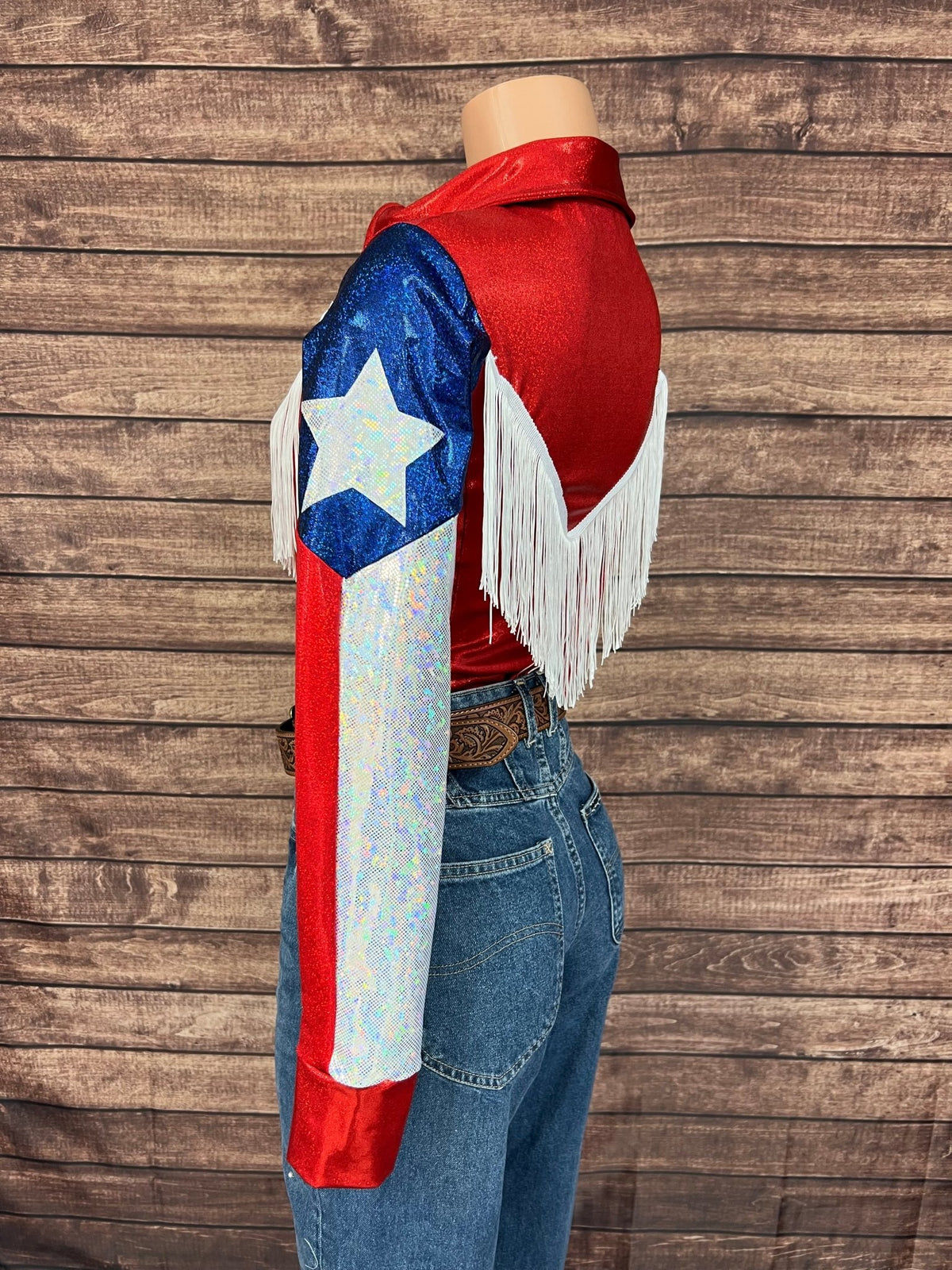 Texas Flag Sleeve, Snap Front Rodeo Shirt with Yoke Fringe - Riverside Rodeo Shirts