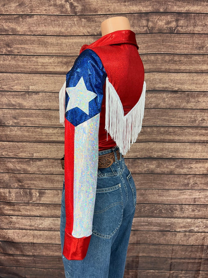 Texas Flag Sleeve, Snap Front Rodeo Shirt with Yoke Fringe - Riverside Rodeo Shirts