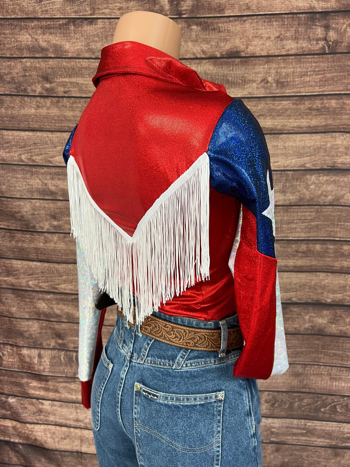 Texas Flag Sleeve, Snap Front Rodeo Shirt with Yoke Fringe - Riverside Rodeo Shirts