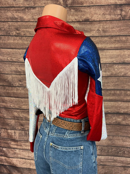 Texas Flag Sleeve, Snap Front Rodeo Shirt with Yoke Fringe - Riverside Rodeo Shirts