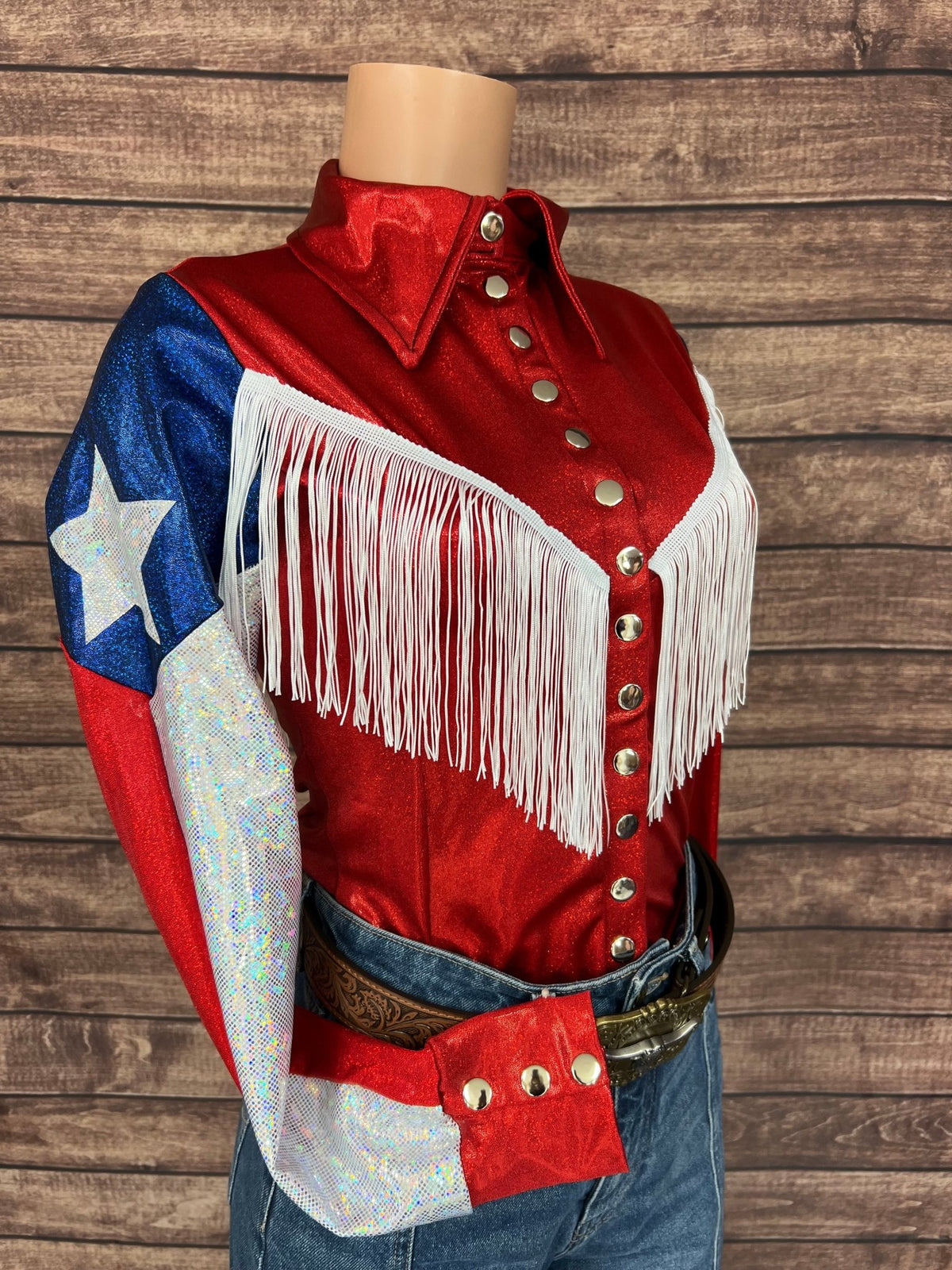 Texas Flag Sleeve, Snap Front Rodeo Shirt with Yoke Fringe - Riverside Rodeo Shirts