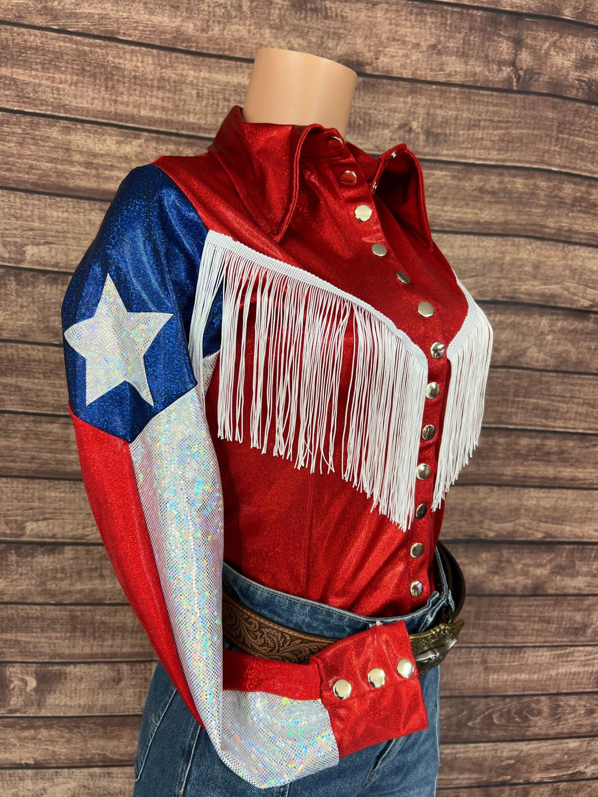 Texas Flag Sleeve, Snap Front Rodeo Shirt with Yoke Fringe - Riverside Rodeo Shirts