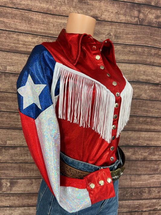 Texas Flag Sleeve, Snap Front Rodeo Shirt with Yoke Fringe - Riverside Rodeo Shirts
