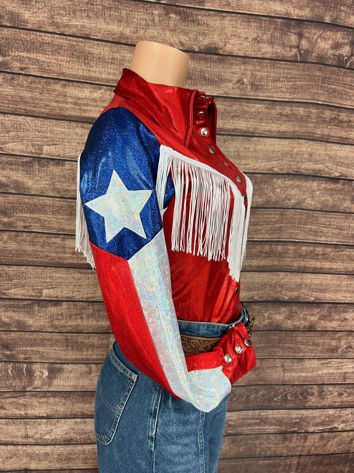 Texas Flag Sleeve, Snap Front Rodeo Shirt with Yoke Fringe - Riverside Rodeo Shirts