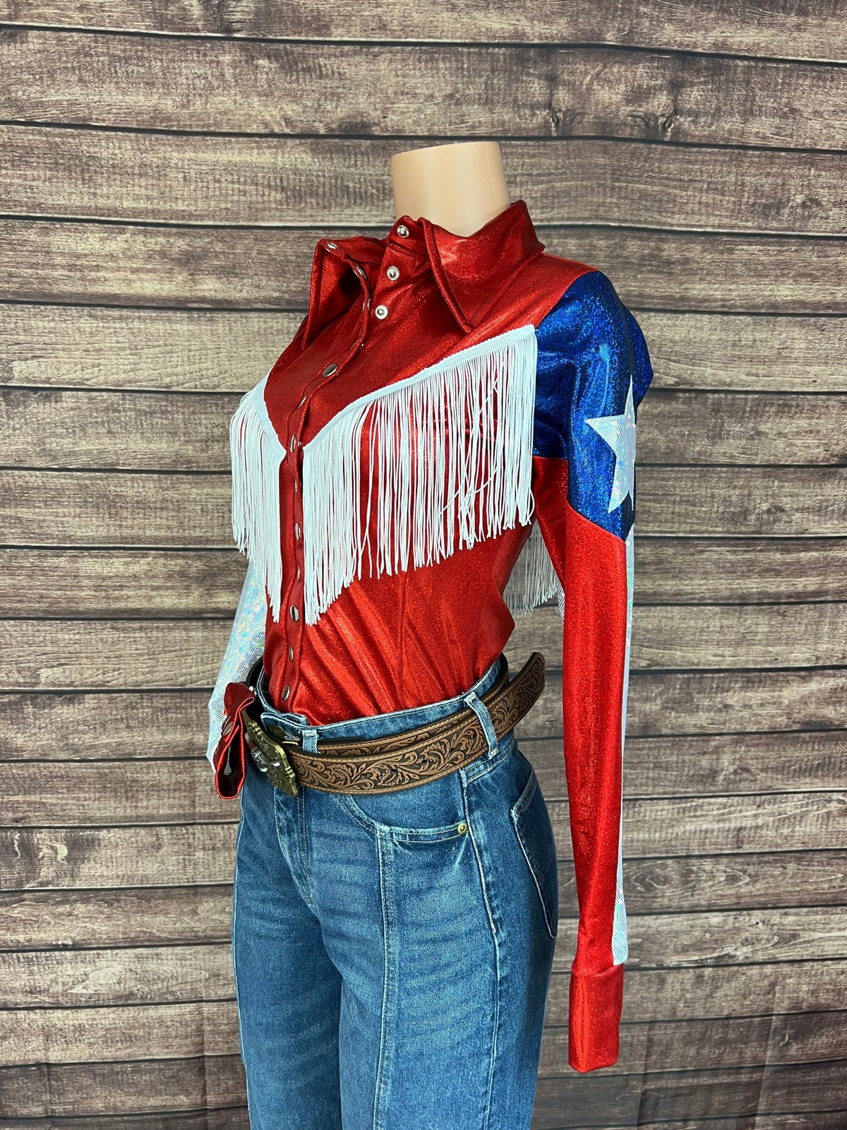 Texas Flag Sleeve, Snap Front Rodeo Shirt with Yoke Fringe - Riverside Rodeo Shirts