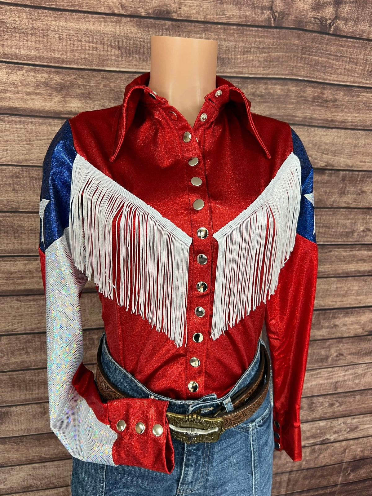 Texas Flag Sleeve, Snap Front Rodeo Shirt with Yoke Fringe - Riverside Rodeo Shirts