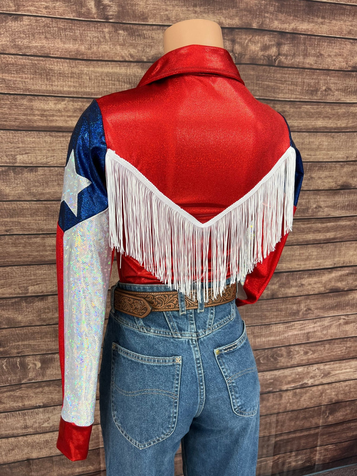 Texas Flag Sleeve, Snap Front Rodeo Shirt with Yoke Fringe - Riverside Rodeo Shirts