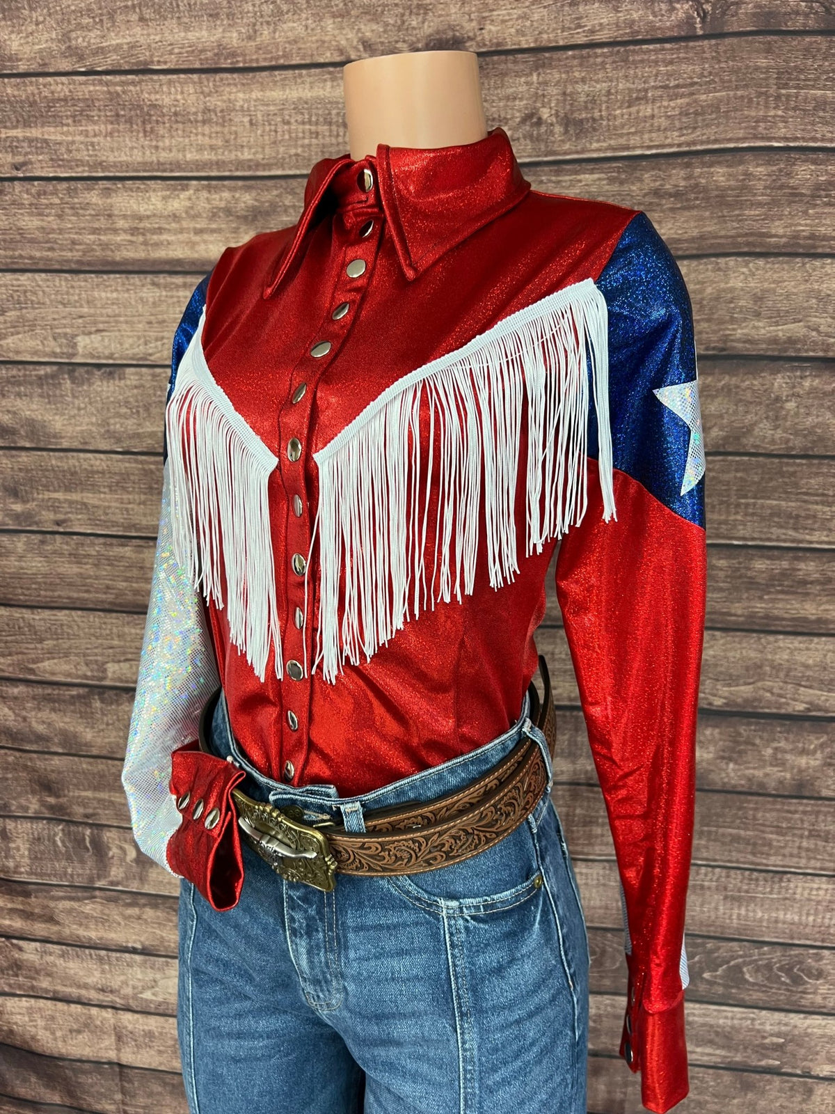 Texas Flag Sleeve, Snap Front Rodeo Shirt with Yoke Fringe - Riverside Rodeo Shirts