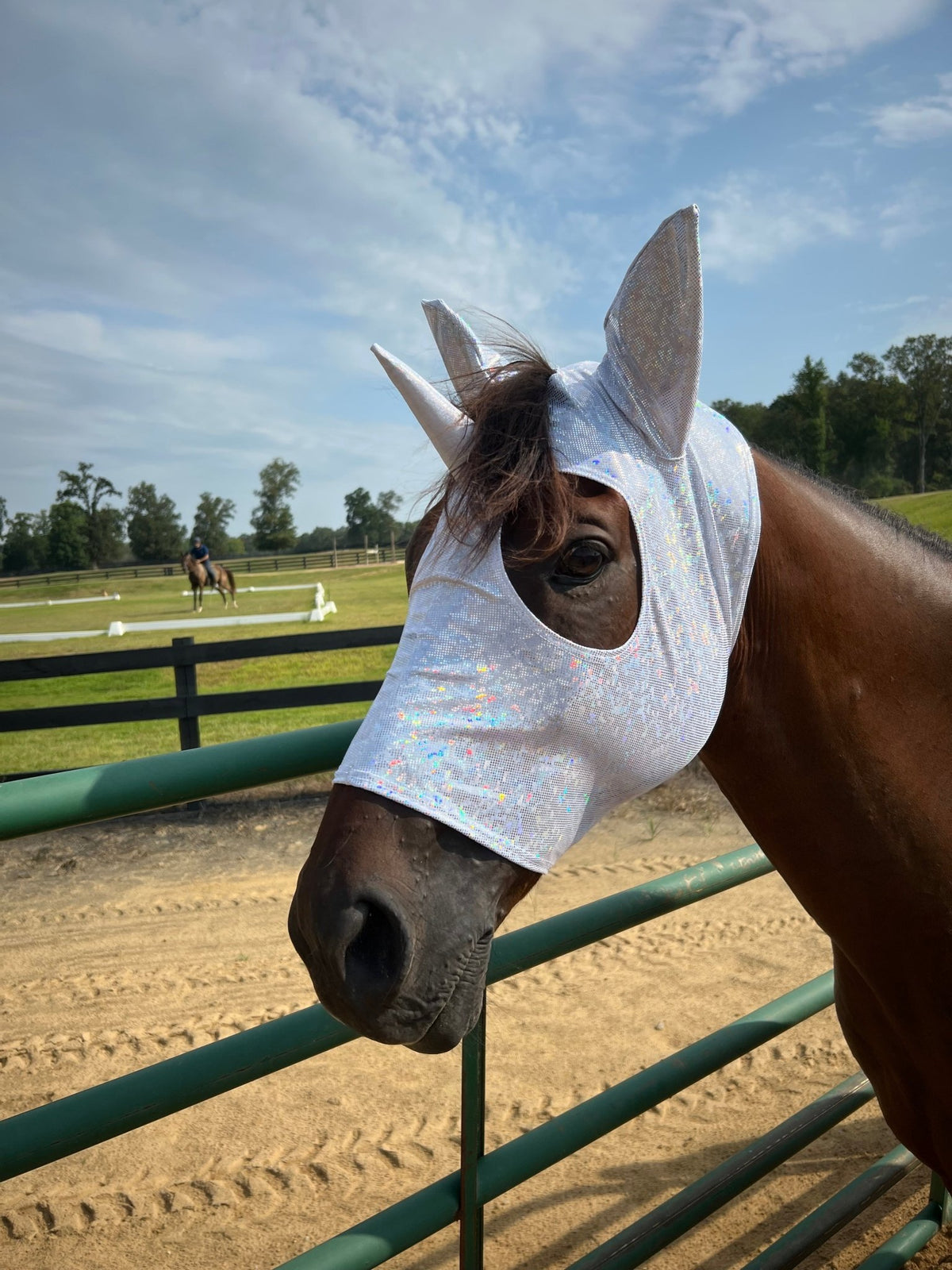 White Kaleidoscope Unicorn Costume Mask for Horses - Riverside Rodeo Shirts